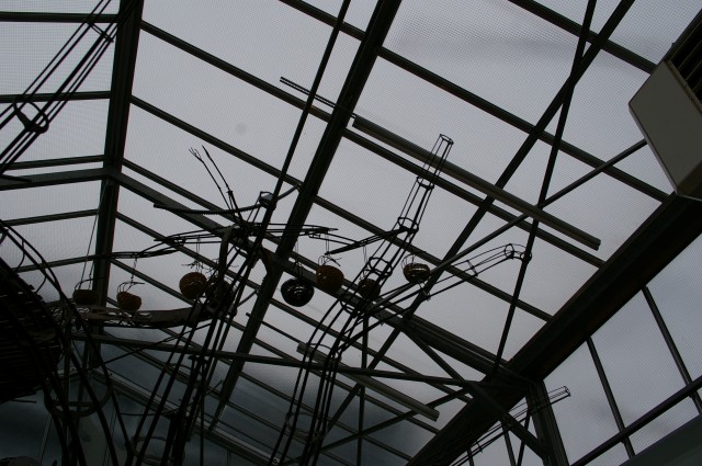 Image illustrant l'article. Photo à contre-jour du toit de la galerie des machines avec des bouts de branches d'une plus grande maquette de l'arbre aux hérons.